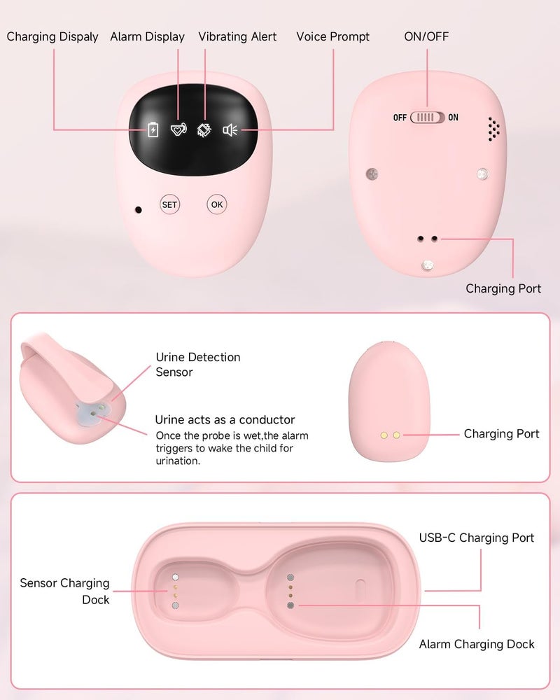 PHENOHERE US-Patented Wireless Bedwetting Alarm for Boys and Girls,High Sensitivity Sensor for Deep Sleepers, USB-C Rechargeable (Blush Pink) - Image 4